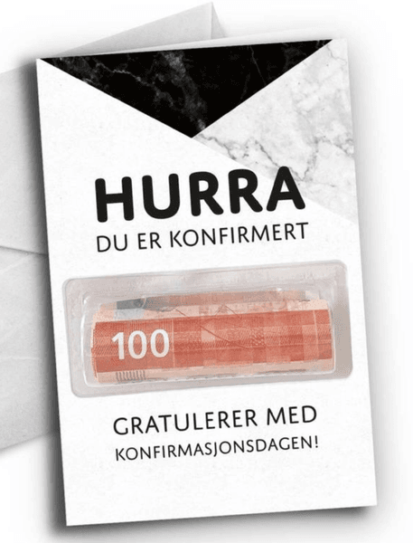 kort til konfirmasjon - Hurra, sort m/pengelomme